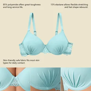 Light blue push-up lace bra detail, featuring gathered pleated cups and very soft fabric.