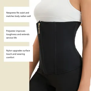 Black waist trainer belt with front zipper and breathable material for body shaping support