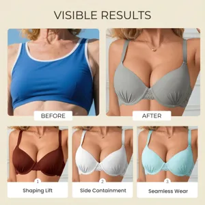 Close-up details of the push-up lace bra showing shaping lift, side containment, and seamless wear.