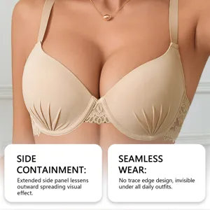 Detailed view of the push-up seamless bra with lace side panels and gathered cups for women.