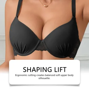 Detail view of black lace push-up bra showcasing ergonomic cutting and supportive lift design.