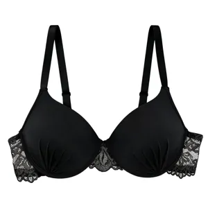 Black lace push-up bra for women, sexy gathered lingerie with adjustable straps and floral trim.