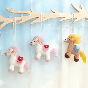 Handmade felt pony hanging ornament detail, cute wool plush toy for room party decor.