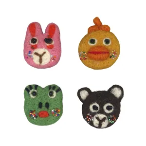 Handmade wool felt animal brooch set featuring cute cartoon rabbit, chick, frog, and bear designs.