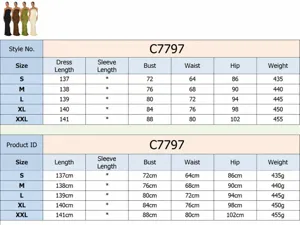 Size chart details and measurement data for strapless fishtail long evening dress C7797.