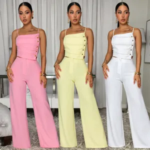 Women's Solid Color Pleated Cami Top And Wide Leg Pants Two Piece Set With Metal Buckle Casual Office Outfit