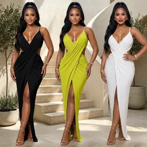 Women's Sexy Spaghetti Strap V-Neck Cut Out Slit Evening Party Dress Elegant Bodycon Polyester Spandex Backless Maxi Dress