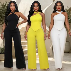 Women Top And Bottom Casual Two-Piece Set Polyester Sleeveless Halter Knotted Waist Top And Wide Leg Pants Commuter Outfit