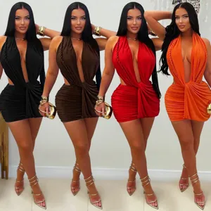 Women Sexy Deep V Neck Halter Bodycon Mini Dress Sleeveless Backless Solid Color Ruched Party Clubwear Dress C7771