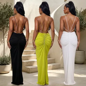 Elegant crossback sleeveless bodycon maxi dress detailed view for women evening party wear.