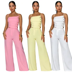 Detailed view of the stylish camisole top and wide-leg pants two-piece set in multiple colors.