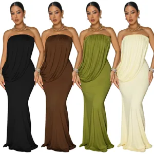 Women strapless draped fishtail long dress sexy bodycon banquet evening party maxi dress