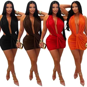 Women sexy deep V halter bodycon mini dress solid color club partywear dress detail view