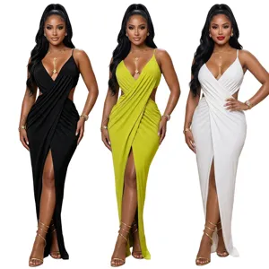 Stunning V-neck spaghetti strap cross cutout split maxi dress, elegant bodycon party gown.