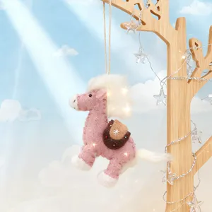 Handmade felt pink horse hanging ornament, cute plush pony pendant for holiday home decor.