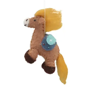 Handmade wool felt horse hanging ornament cute animal plush toy for holiday home decor.