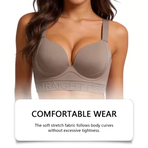 Vista di dettaglio del reggiseno push-up marrone senza cuciture con morbido tessuto elastico.