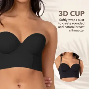 Cómodo sujetador sin tirantes para busto, bustier negro push-up largo con copas 3D.
