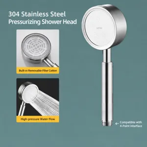 Stainless steel pressurized shower head detail showing 304 material and multi-hole spray face.