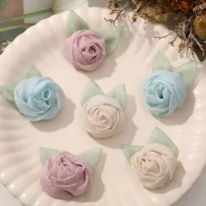 Mesh rose flower fabric accessories with green leaves hair clips DIY craft vintage apparel decor