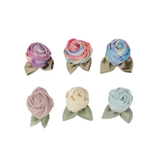 Mesh fabric rose flower accessories with leaves vintage floral brooch hair decor 6pcs set