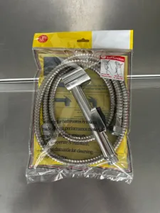 Handheld bidet sprayer set for toilet cleaning, high pressure chrome finish hose and nozzle accessories.