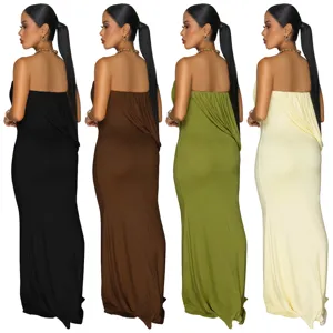 Details view of the elegant strapless draped fishtail long dress in four stunning colors.