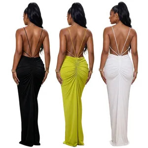 Backless design detail of women's sexy thin strap evening bodycon long dress in three colors.
