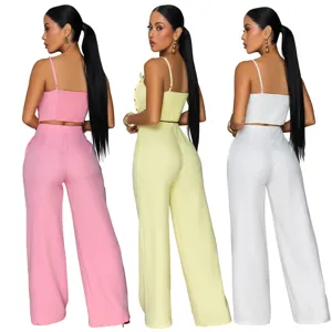 Detailed view of women's solid color camisole and wide-leg pants two-piece set in multi-colors