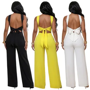 Women sleeveless backless wide leg jumpsuit with bow tie detail, available in three colors.