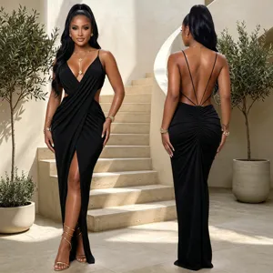 Stunning black sling V-neck cross cutout slit party dress, elegant bodycon evening gown.
