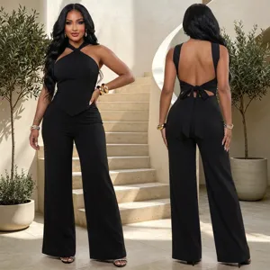 Elegant women two piece set featuring halter top and wide leg pants for chic commute style.