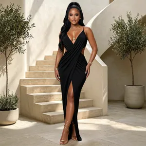 Elegant black spaghetti strap V-neck cross cutout slit evening party maxi dress for women.