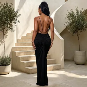 Sleek black spaghetti strap backless cross bandage evening party bodycon maxi dress.