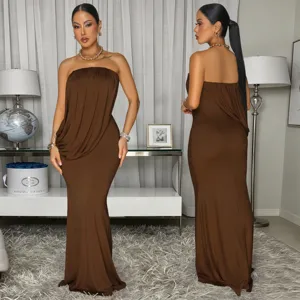 Elegant brown strapless mermaid long dress, featuring draped design and slim fit for evening party.