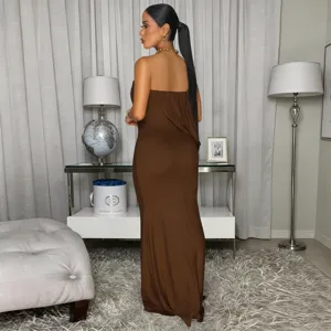 Detail shot of the elegant brown strapless drape mermaid long dress, party evening gown.