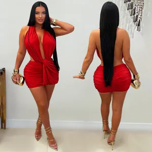 Sexy deep V halter backless bodycon mini dress for women, clubwear solid color party dress.