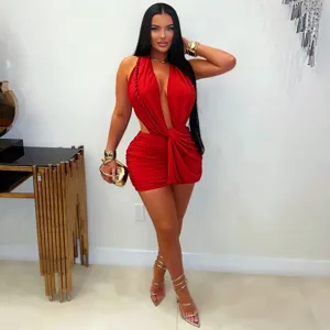 Sexy red deep v halter bodycon mini dress for women, perfect for club and party night out.