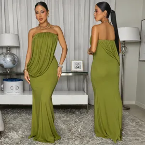 Detailed view of the olive green strapless draped fishtail long evening dress in a studio setting.