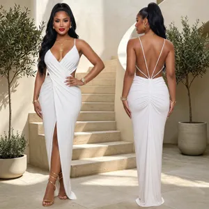 Elegant white backless spaghetti strap v-neck split evening party bodycon maxi dress.