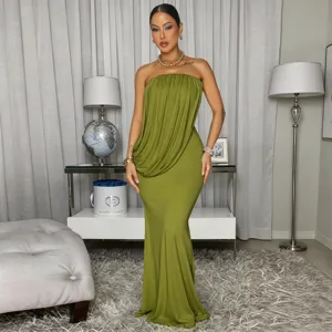 Elegant olive green strapless draped fishtail long dress, sexy bodycon evening party dress.