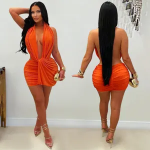 Sexy deep v halter bodycon mini dress for women, sleeveless ruched backless club party dress.