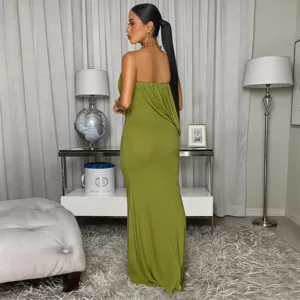 Elegant olive green strapless draped fishtail long dress, sexy bodycon party evening gown.