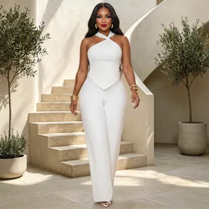 Elegant white halter twist top and wide leg pants two piece set for women commuting style.