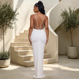 Details of backless cross strap white maxi dress, elegant party evening bodycon gown.