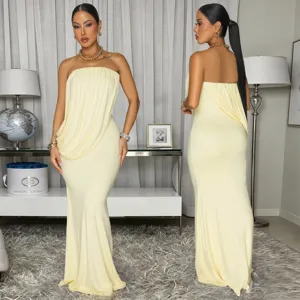 Elegant yellow strapless off-shoulder fishtail maxi dress for women, sexy bodycon evening party gown.