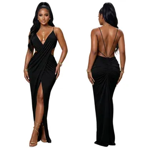 Elegant black evening dress featuring deep V-neck, crossover cutout, and high slit.