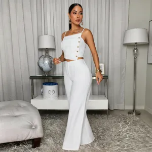 Elegant solid color pleated metal button camisole and wide leg pants two piece set detail view