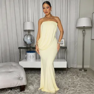Strapless draped fishtail long dress, pale yellow bodycon evening gown for banquets.