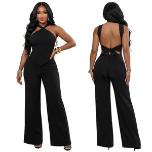 Chic black halter sleeveless top and wide leg pants detail view, perfect for daily fashion.